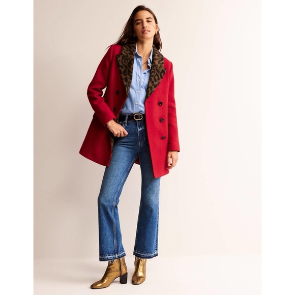 Boden Double-Breasted Wool Coat Brilliant Red Leopard Print Collar Fall Winter - Picture 1 of 16
